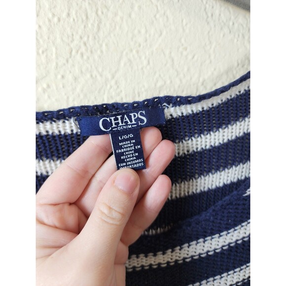 Chaps Womens L Linen Cotton Blend Knit Sweater Navy White Stripe Long Sleeve - Picture 3 of 4